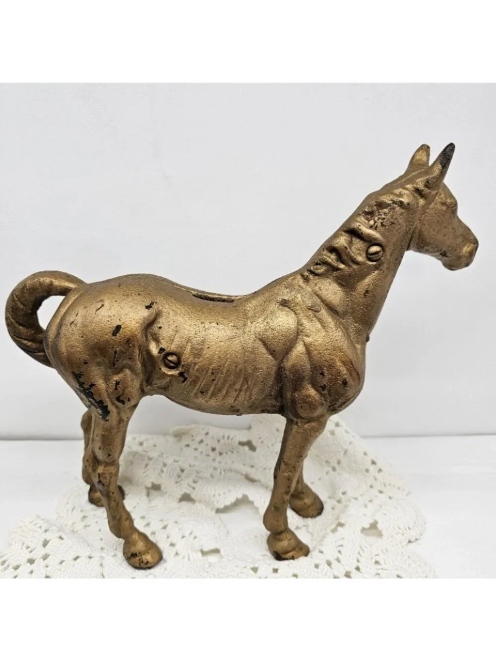 Antique Cast Iron Horse Still Bank AC Williams Beauty Gold Paint Coin Penny